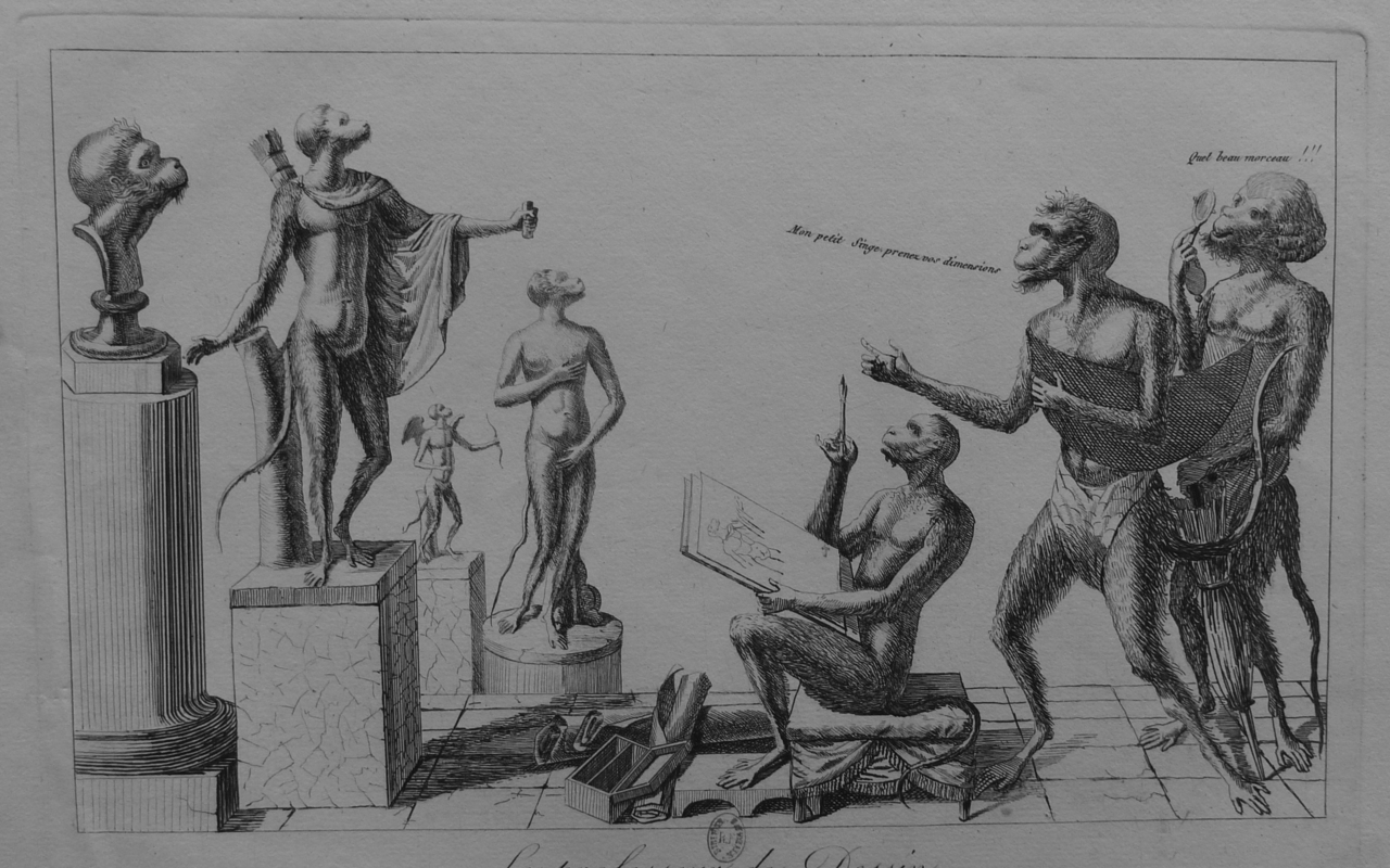 An etching depicting three anthropomorphized monkeys before several statues: one, seated atop a small stool, holds an in-progress drawing in his left hand; the second points over his shoulder while the third observes the statutes through a magnifying glass. Appears in grayscale.