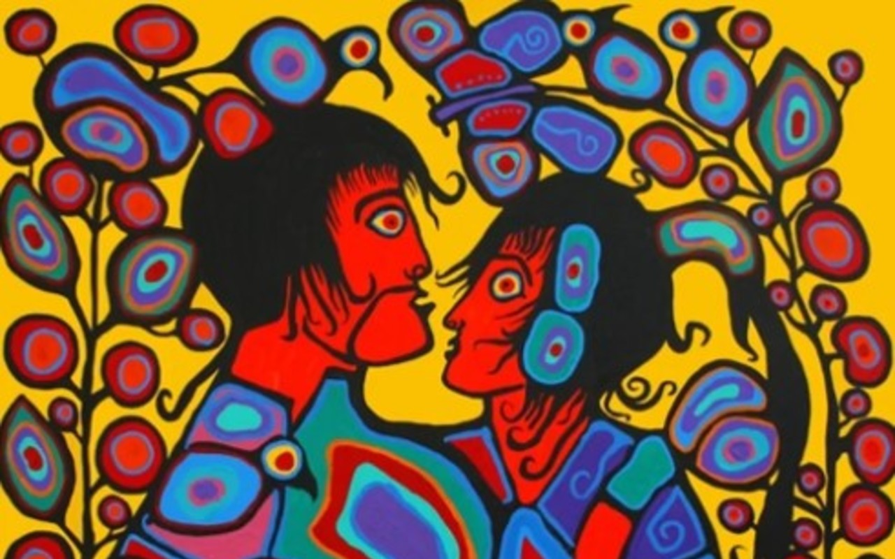A brightly colored painting on canvas depicting two intertwined figures, their bodies compsed of blue-hued geometric shapes, facing one another; they are surrounded by two arching vines and set against a yellow background.