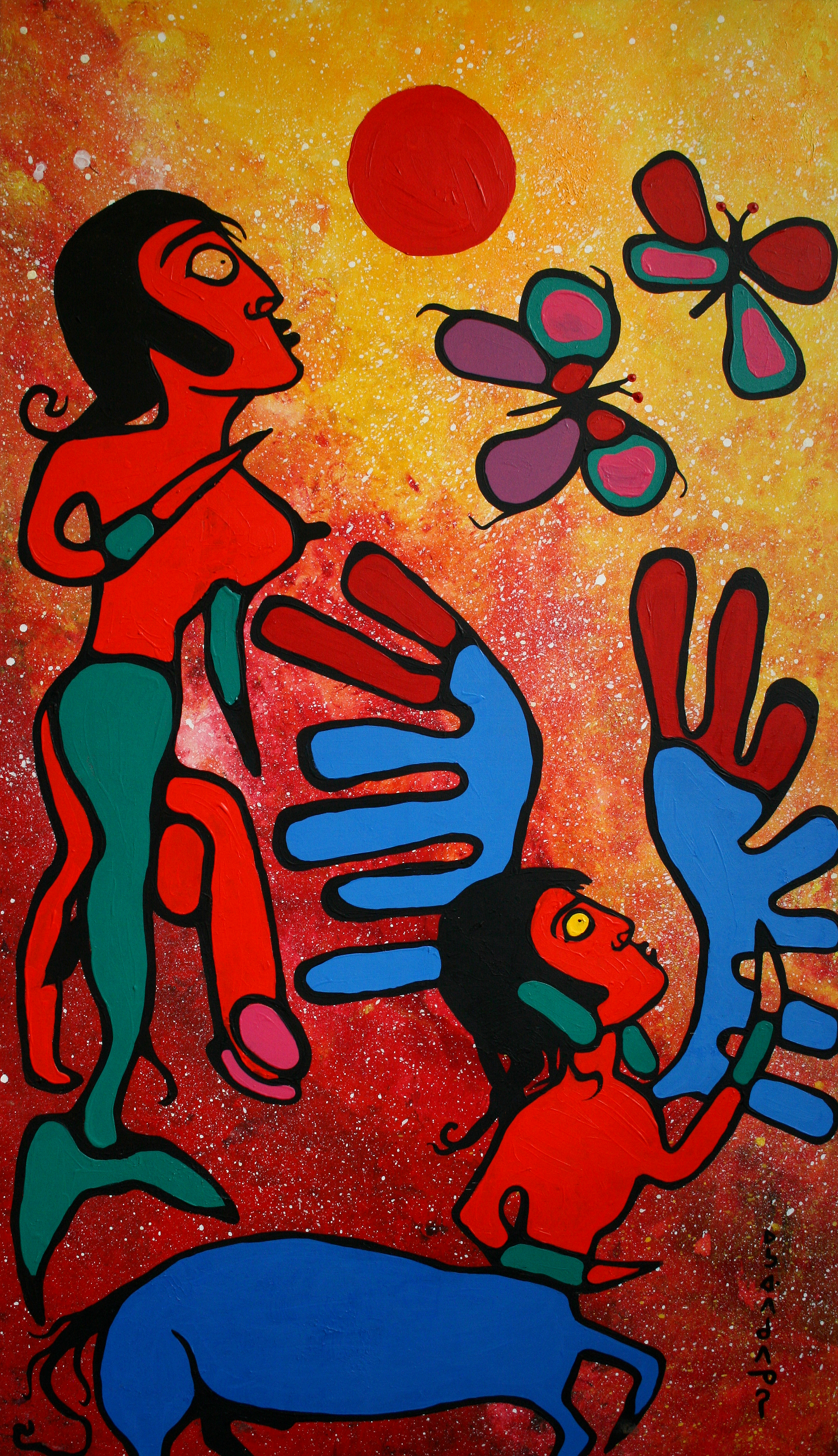 A brightly-colored painting on canvas depicting two figures, a mermaid (above) with prominent genitalia and a centaur (below), staring up at a red sun and two multi-colored butterflies in the right-hand corner of the image. They are set against a red-, orange-, and yellow-hued background with white stars, reminiscent of a sunrise or sunset.