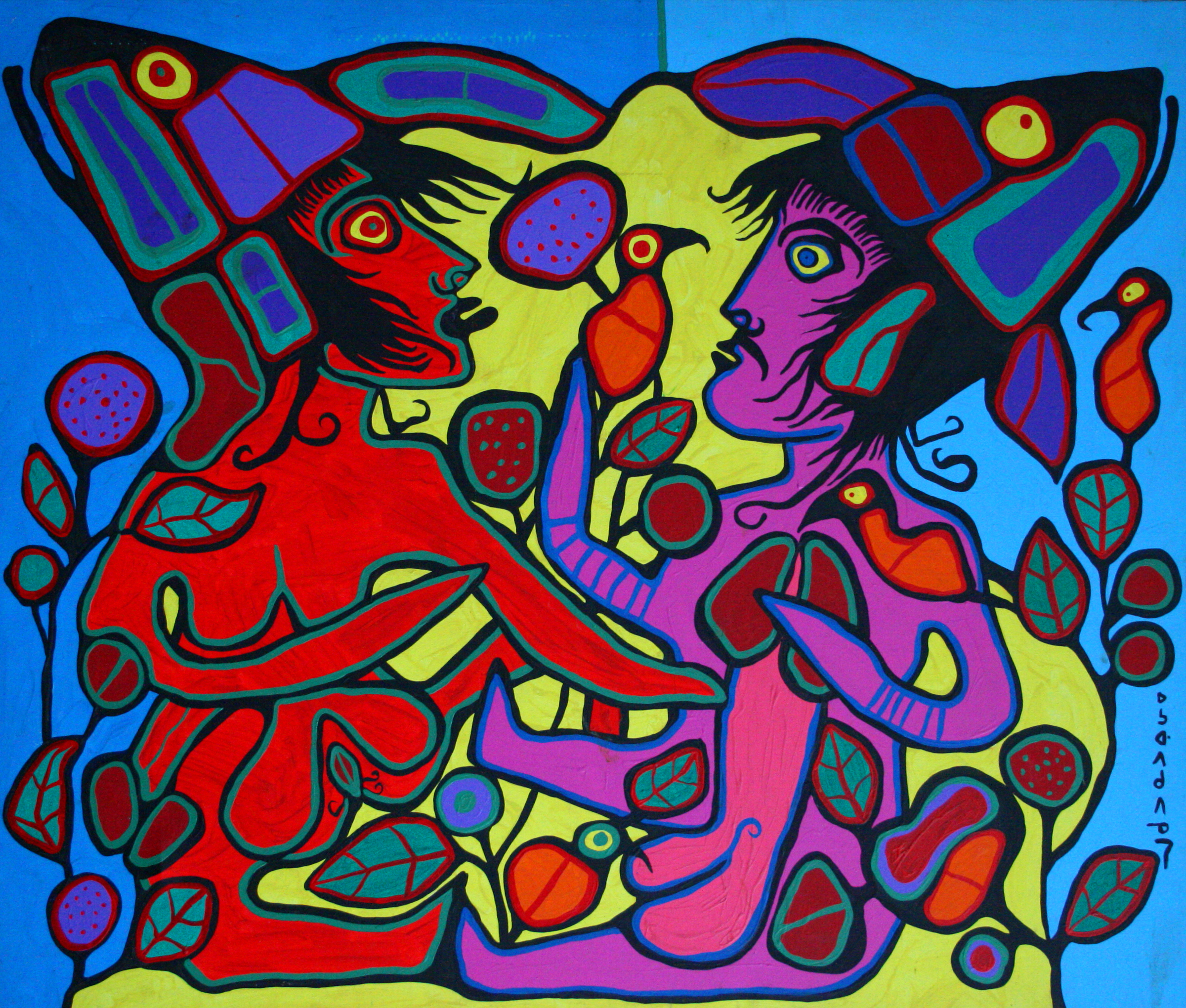 A deeply-colored painting on canvas depicting two figures in profile, facing one another, their genitalia prominently featured. The first figure (left), orange, has their tongue out; the second figure (right), purple, holds an orange bird in their right hand. The two figures are surrounded by multi-colored, geometric vines and set against a blue and yellow background.