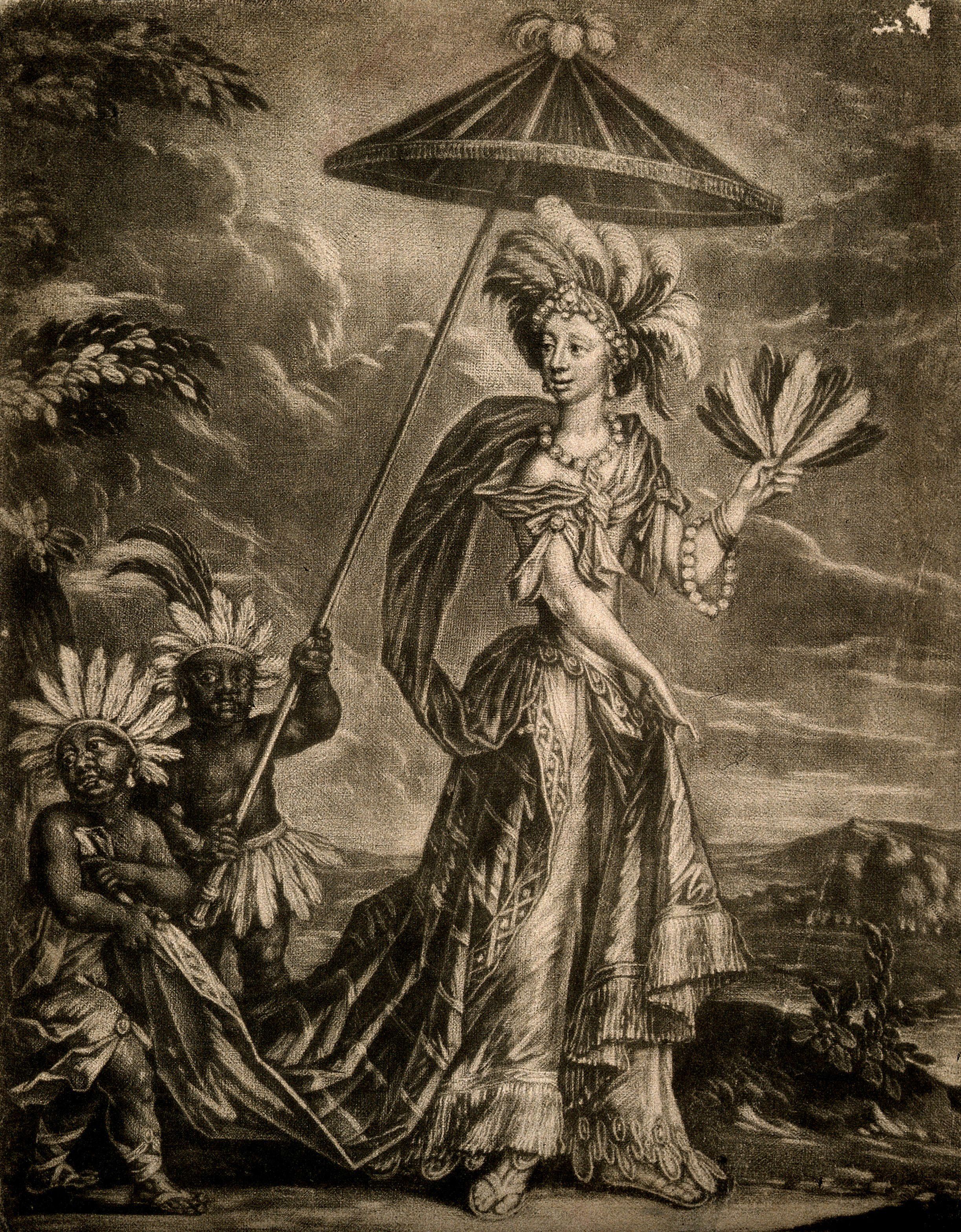 A mezzotint print depicting Semernia, the Native American queen; she stands before the lush savannah of Virgina, wearing a feathered headdress and a long fridged dress, while two young Black boys attend to her, one holding a parasol and the other holding her dress train.
