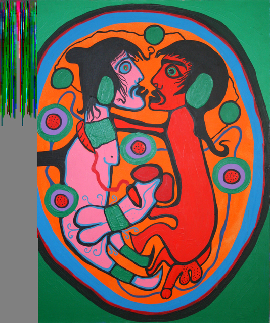 A brightly-colored painting on canvas depicting two intertwined figures, their genitalia prominent, facing one another; they are pictured together inside of an oval structure and surrounded by green- and purple-hued circles connected by a single thread against a green and orange background.