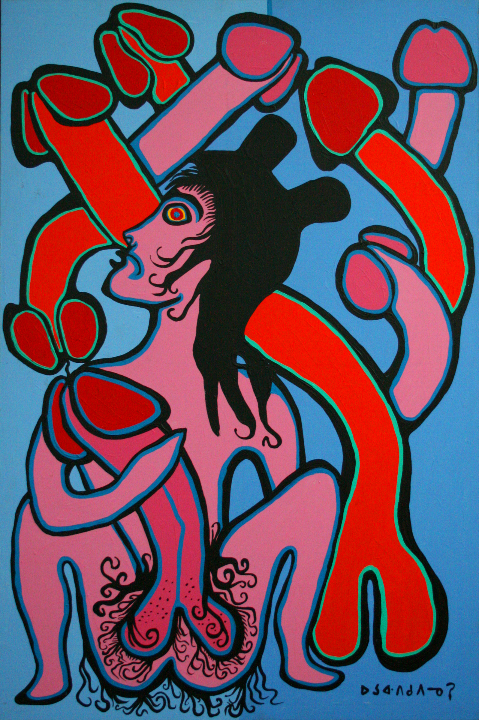 A brightly-colored painting on canvas depicting a single figure, their genitalia prominently displayed; they are surrounded by a number of other pink- and orange-hued genitalia and set against a light blue background.