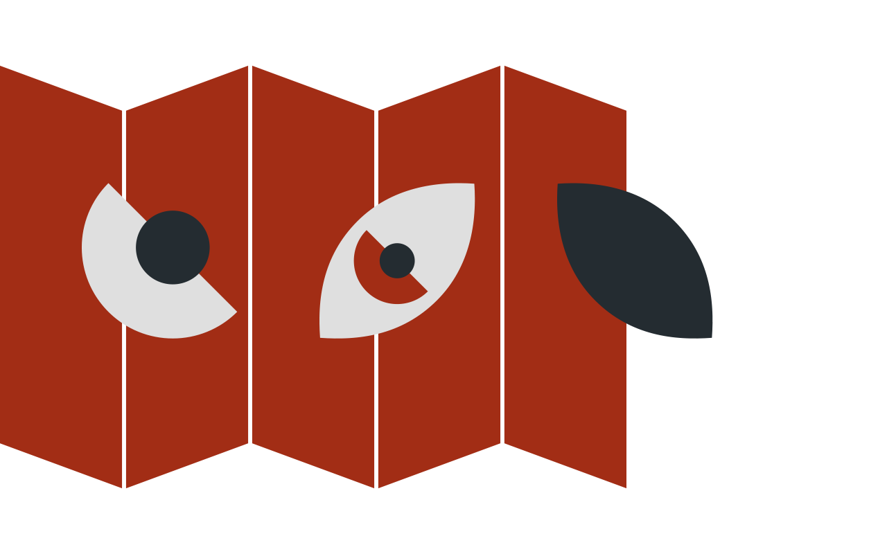 Five red parallelograms side by side with circular glyphs, suggestive of eyes, layered on top of them.