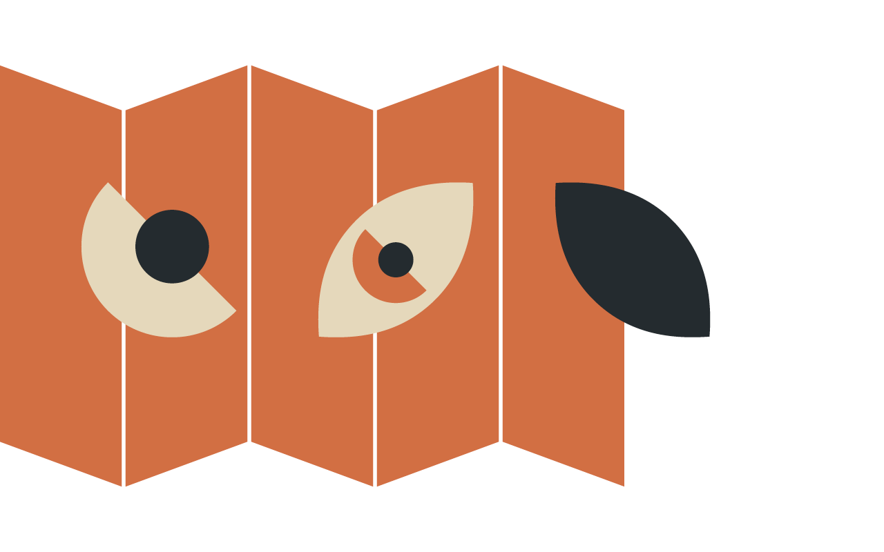 Five orange parallelograms side by side with circular glyphs, suggestive of eyes, layered on top of them.