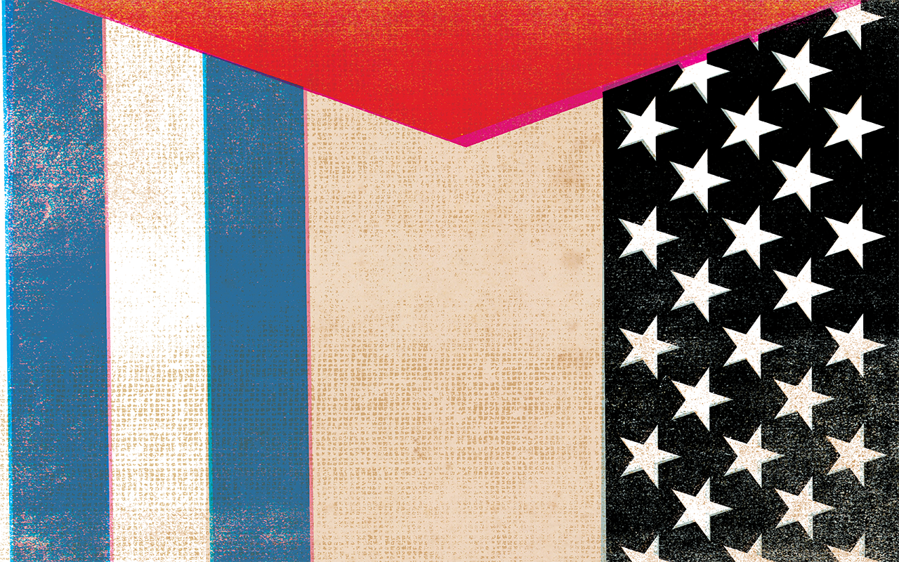 Graphic blending elements of the US, Palestinian, and Israeli flags