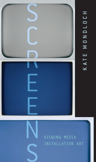 Three stacked display monitors with the title vertically oriented in transparent type printed over them.