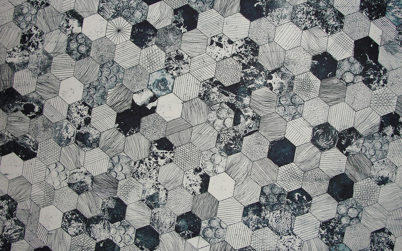 Hexagonal tiles individually painted with lines and organic patterns.