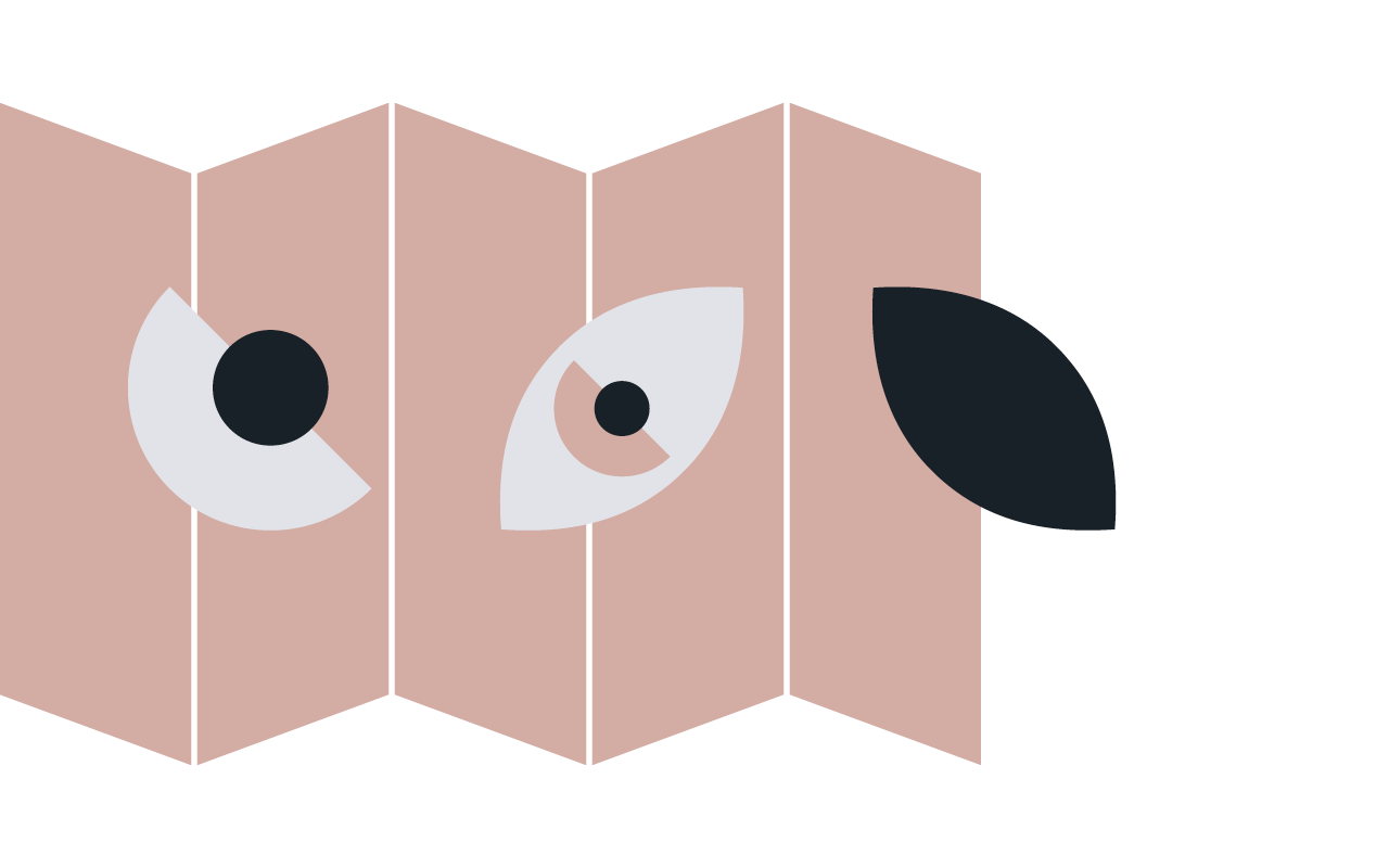 Five dark peach parallelograms side by side with circular glyphs, suggestive of eyes, layered on top of them.