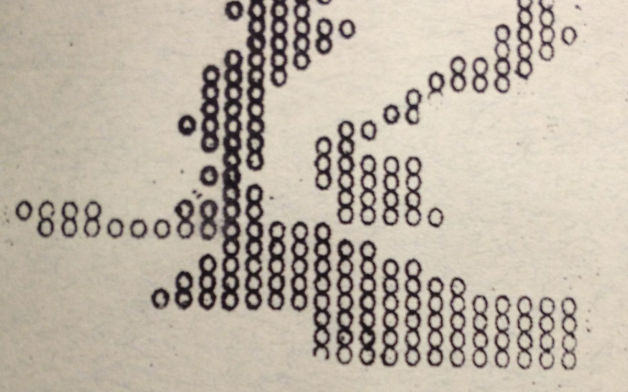 Cropped scan of a pattern of black circles typed on a white background, resembling a pixelated or dot-matrix graphic.