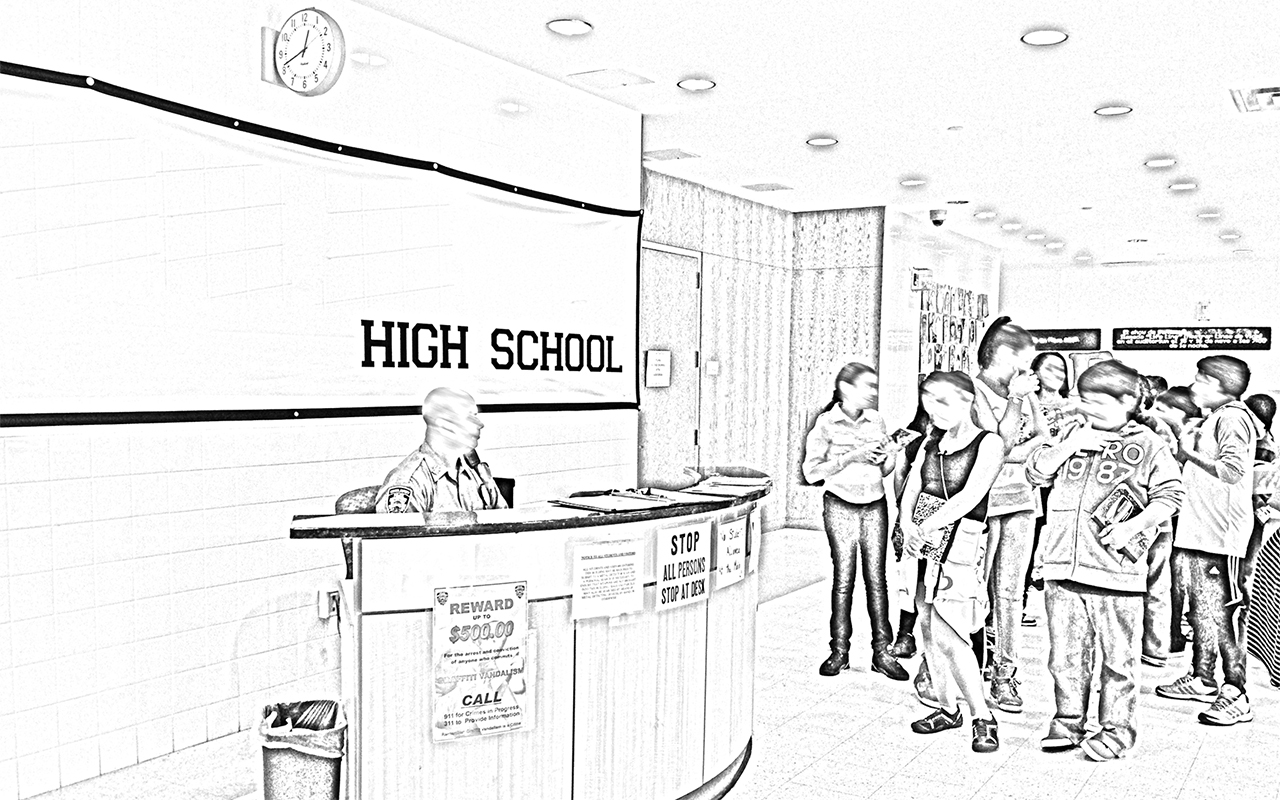 The fifth graders stand near the safety officer’s desk. Signs read STOP ALL PERSONS and REWARD $500.00. Aurora looks down and clutches her notebook.