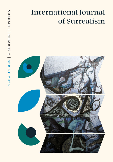 Broken into five paralleograms below the title, a painting depicts tangled mass of tree-like forms, limbs and rope, against a lighter blue background. A collaged fragment in the centre features a sphere that resembles both an eye and a walnut, with a pale gold outline.