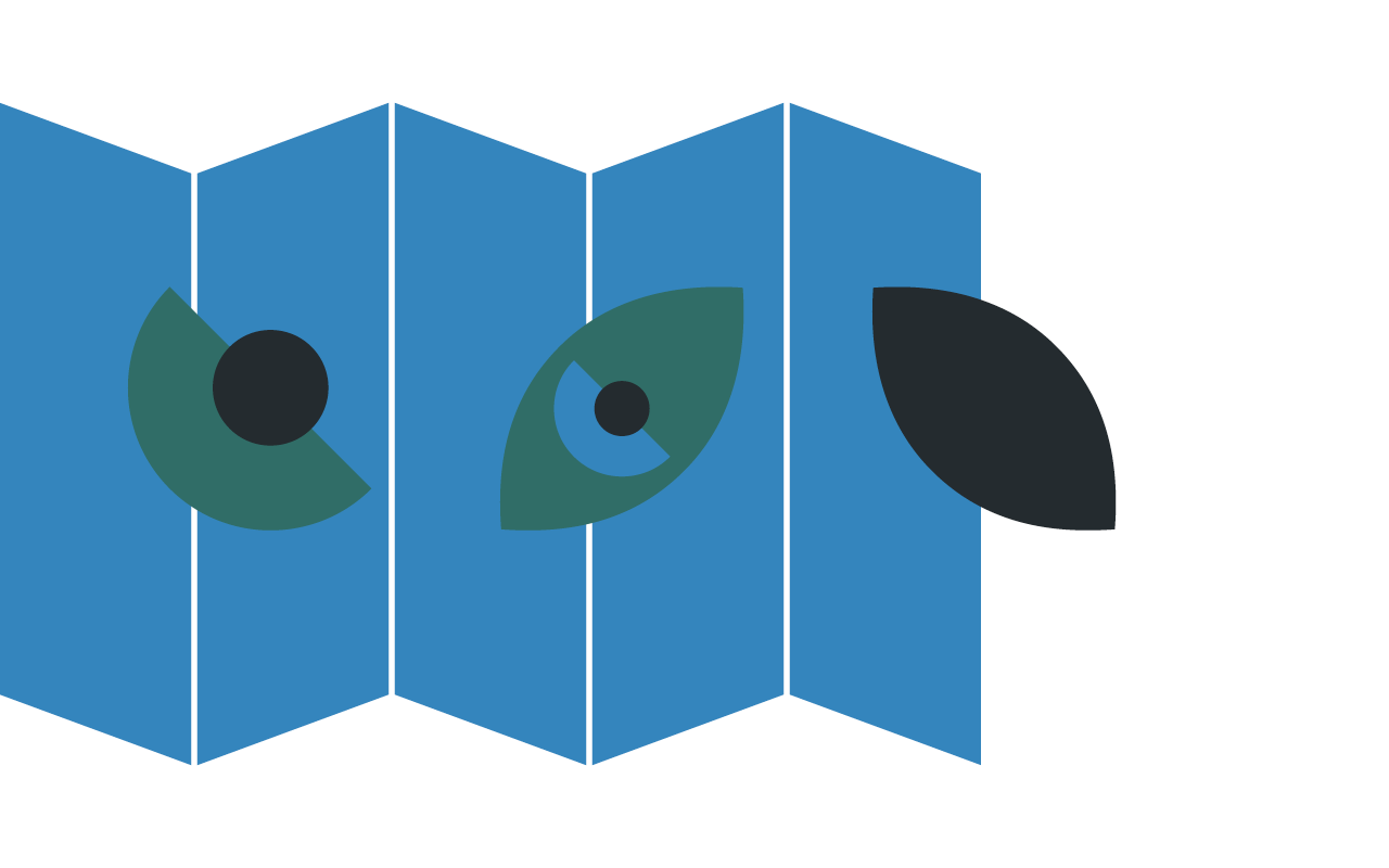 Five blue parallelograms side by side with circular glyphs, suggestive of eyes, layered on top of them.