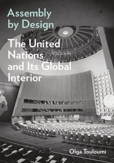 Black and white image of interior of assembly hall of United Nations Building, podium at right. Title in teal at top, subtitle and author in white.
