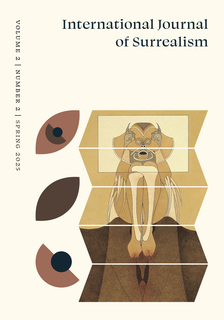 Journal name up top with an image of a seated figure with claws and hooves, spread across five stacked orange parallelograms beside three eye-shaped graphics.