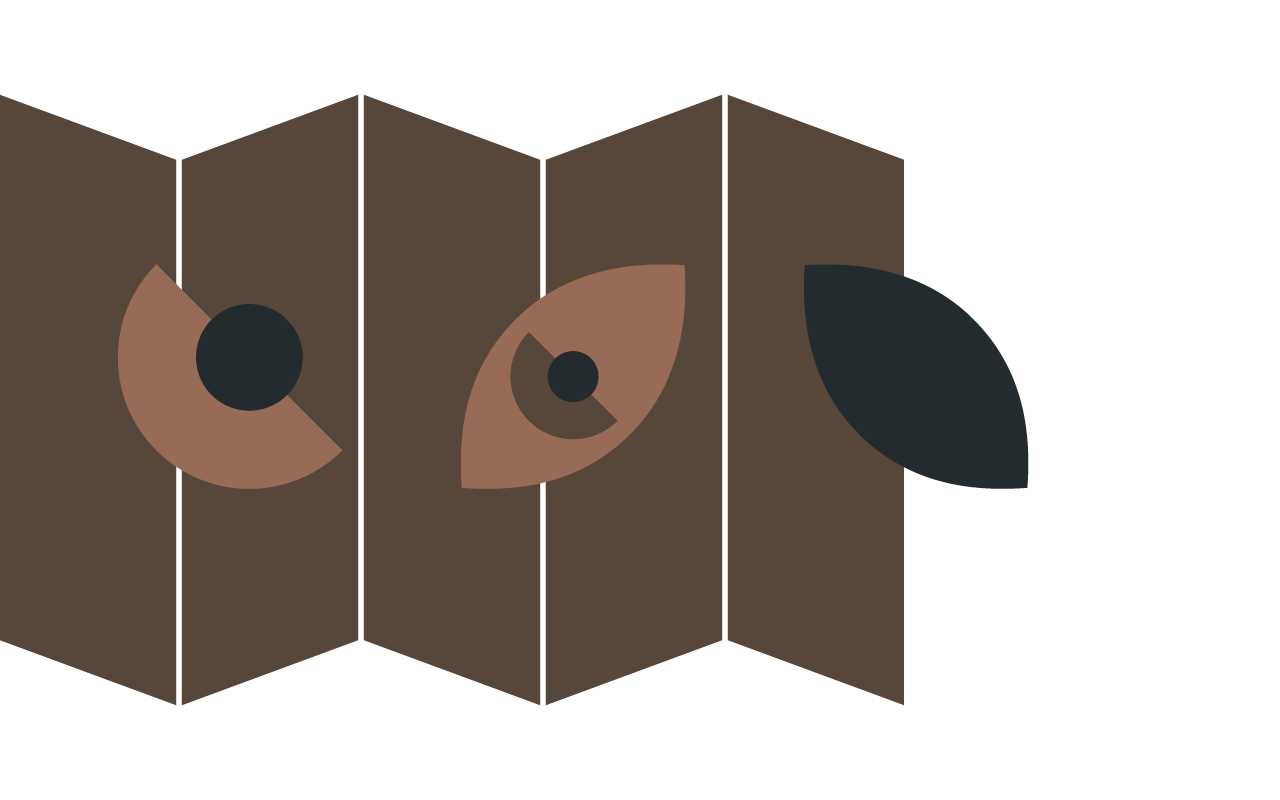 Five brown parallelograms side by side with circular glyphs, suggestive of eyes, layered on top of them.