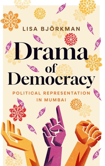 Flowers and petals arrayed above three raised hands of different hues, one open, one pointing, one fist. Title in black.