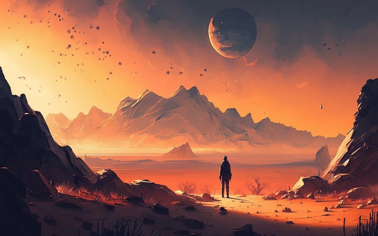 Drawing of an extraterriestial landscape: a person stands on a rocky plateau before a mountain range in the distance. Several moons appear in orbit.