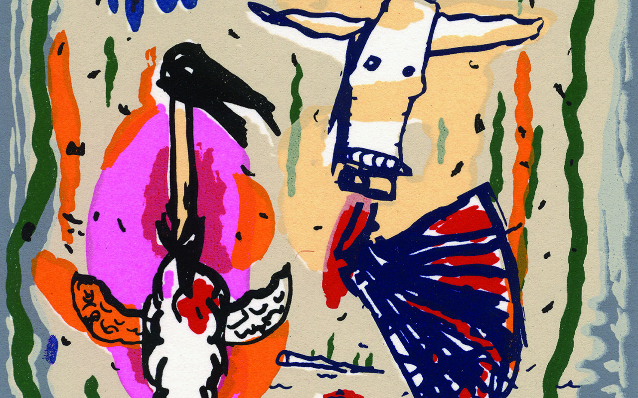 Abstract painting depicting two disembodied steer heads beneath the words “The Victors”.