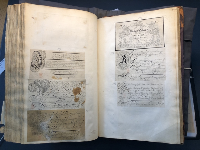 Photograph of calligraphy specimens pasted into an album assembled by John Bagford