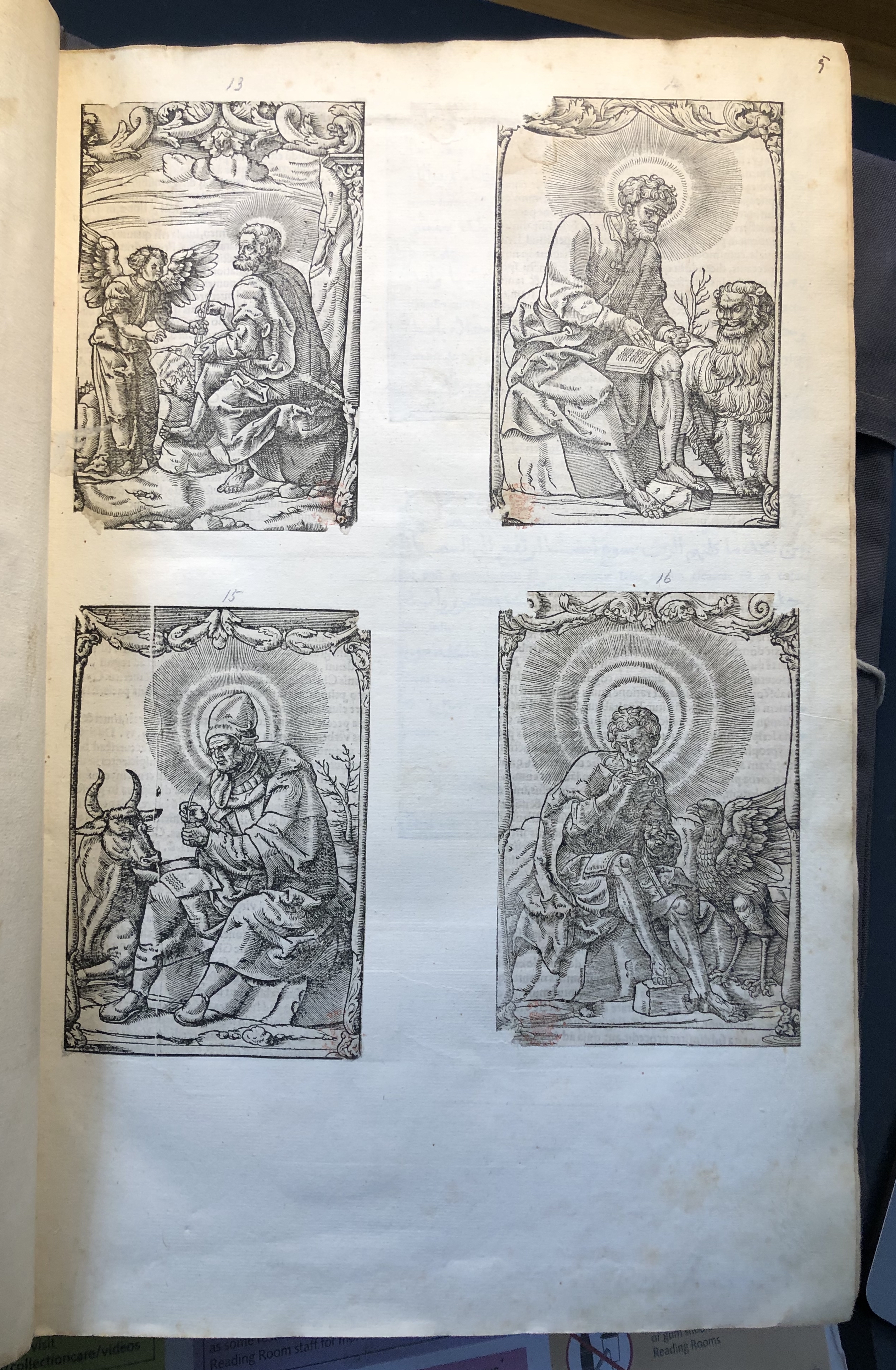 Photograph of images of the evangelists pasted into an album assembled by John Bagford