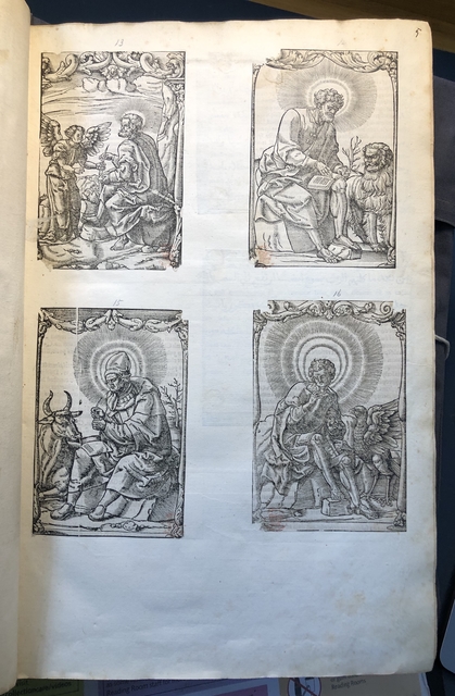 Photograph of images of the evangelists pasted into an album assembled by John Bagford