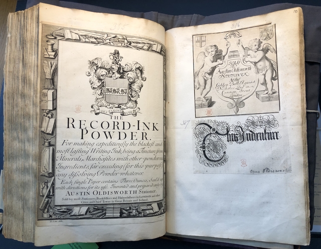 Photograph of advertisements for ink pasted into an album assembled by John Bagford