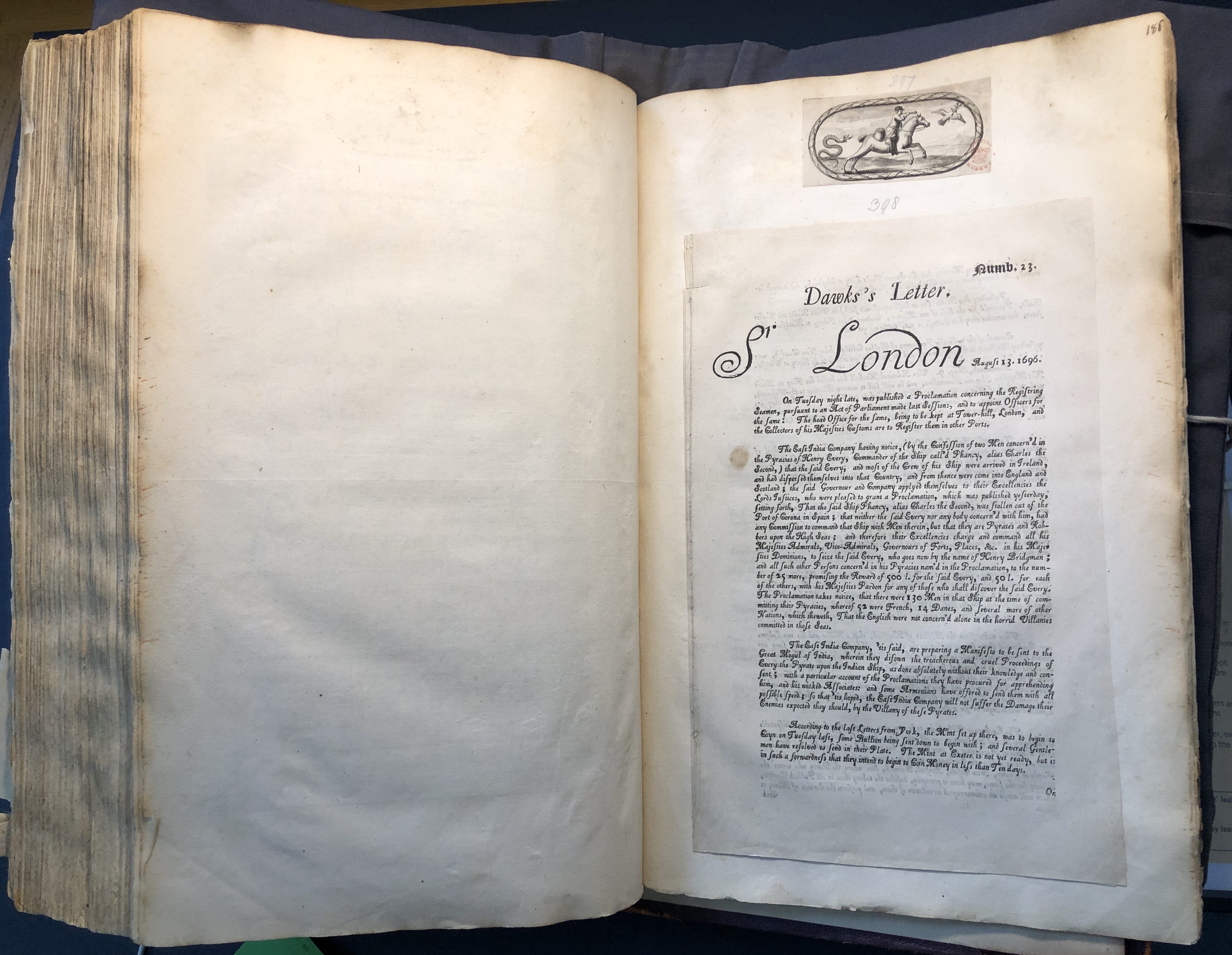 Photograph of a newsletter pasted into an album assembled by John Bagford