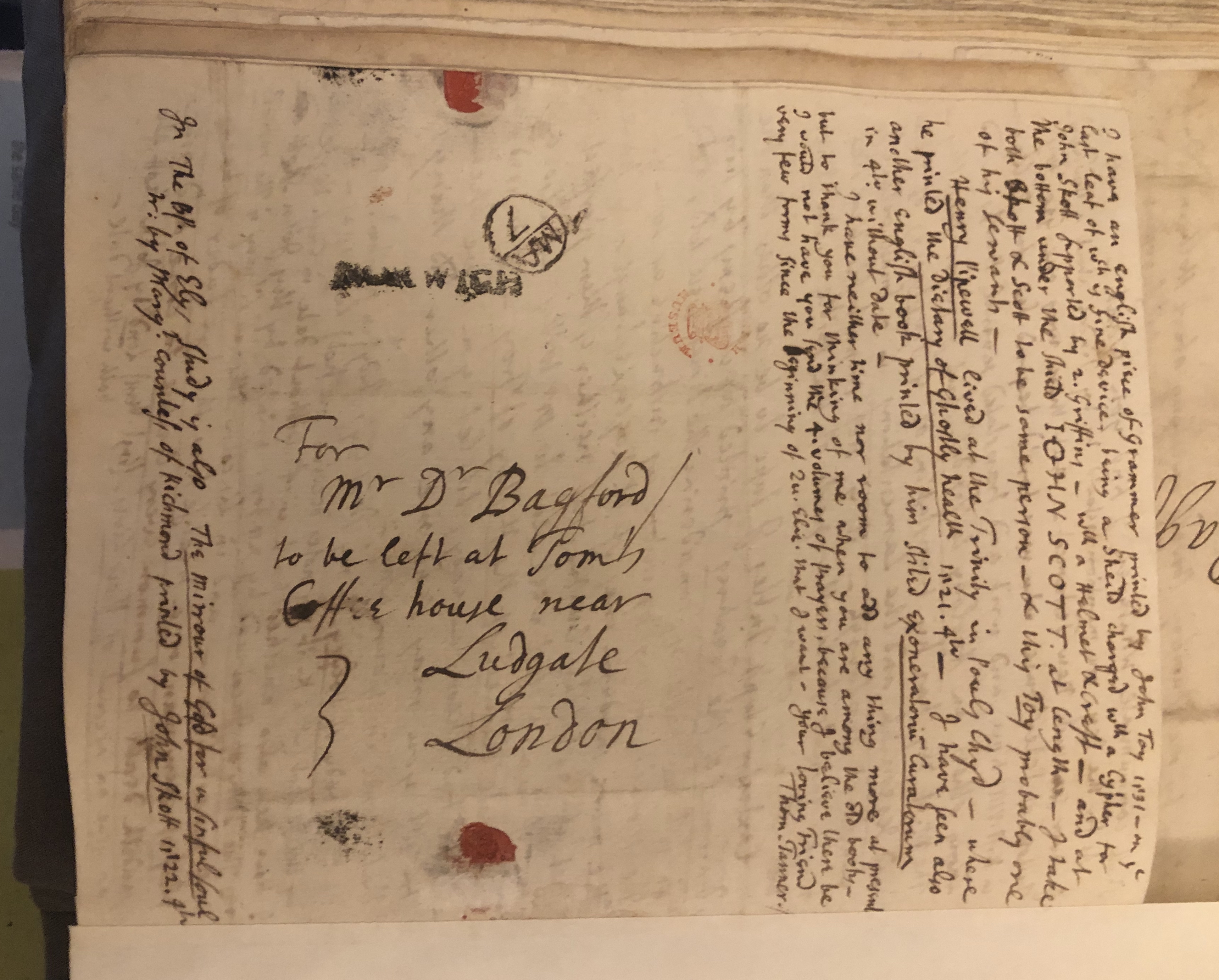 Photograph of a letter sent to John Bagford at Tom's Coffeehouse