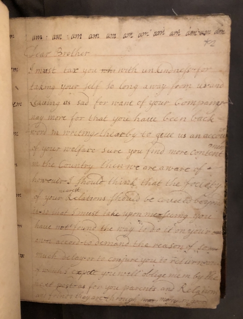 Photograph of a scrap of waste paper with letter-writing practice on it bound in one of John Bagford's collection of notes