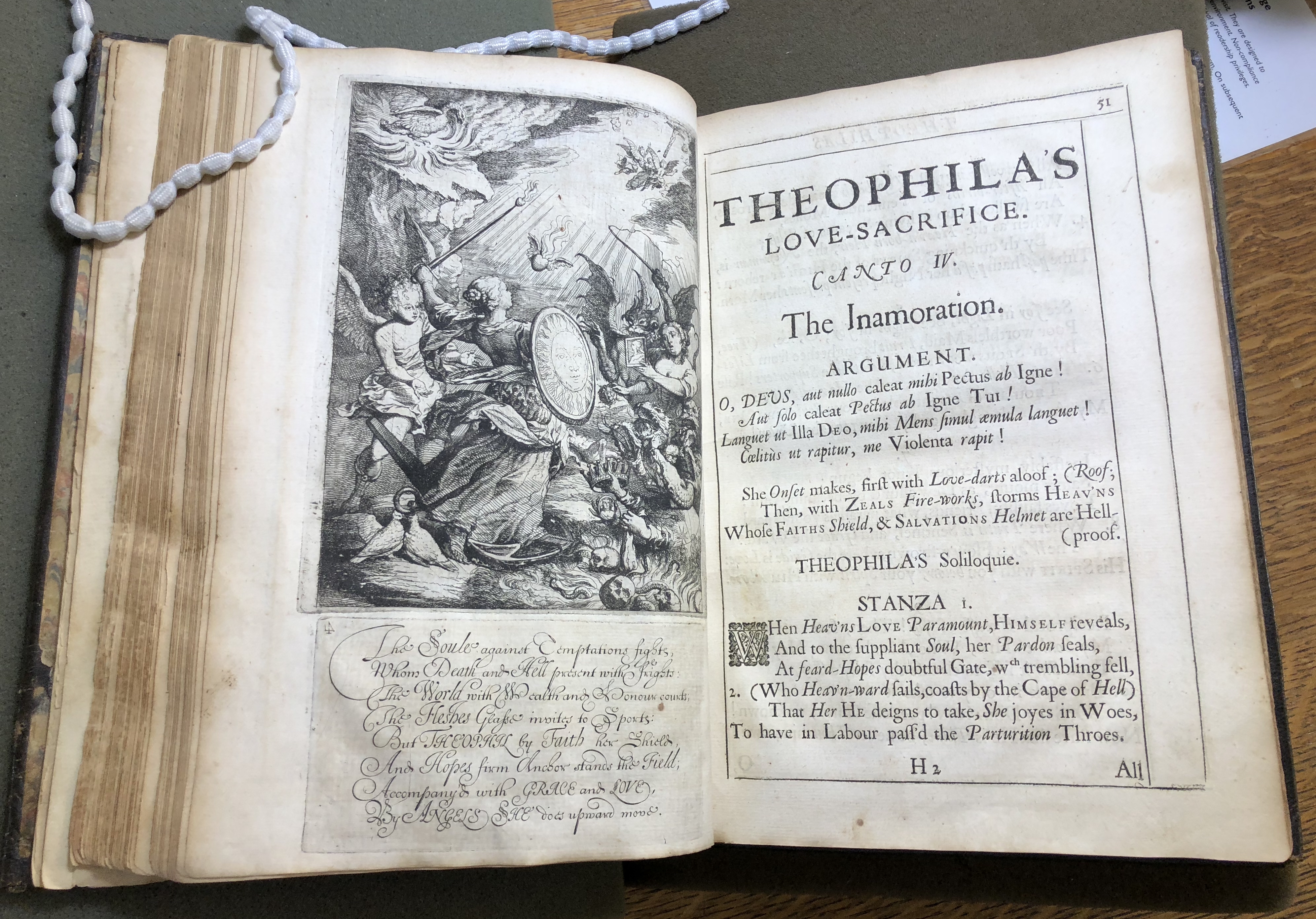 Photograph of a page opening in Benlowes’s gift copy of Theophila to St. John’s College Library.