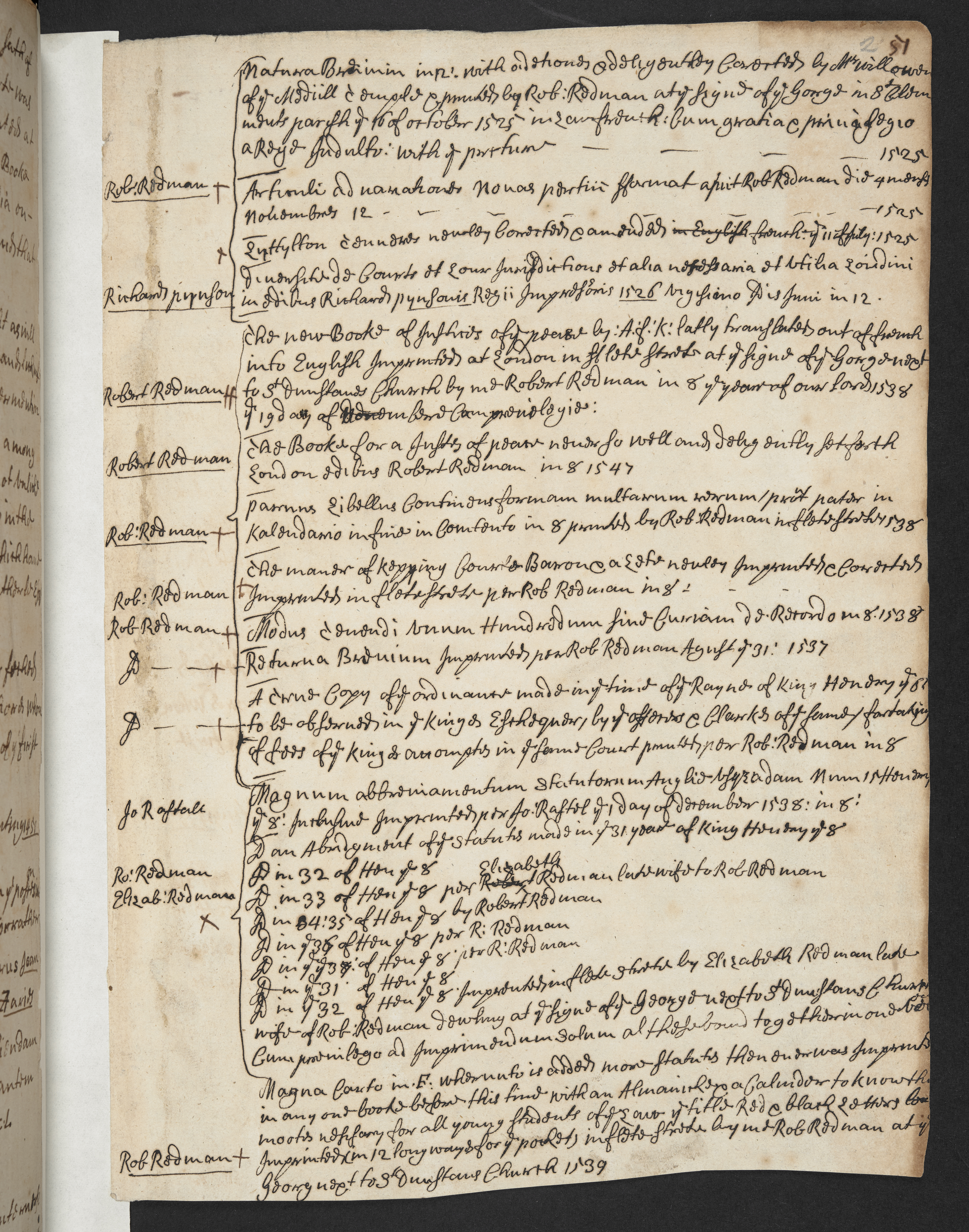 Photograph of John Bagford's handwritten notes, showing how he organized titles by printer