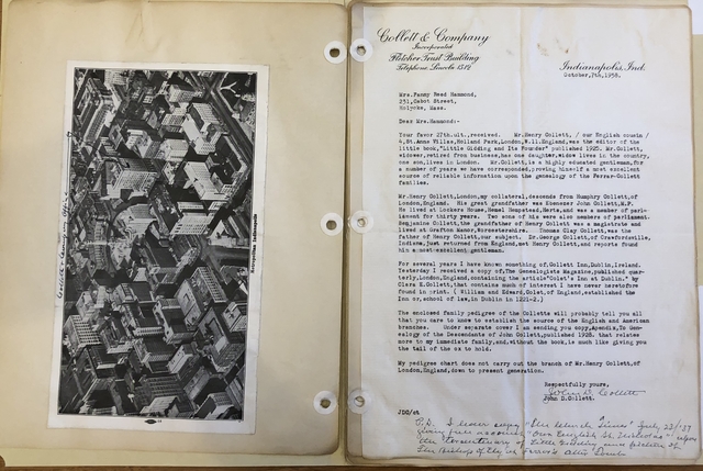 Photograph of a letter from a descendent of the Collet family to Fanny Reed Hammond