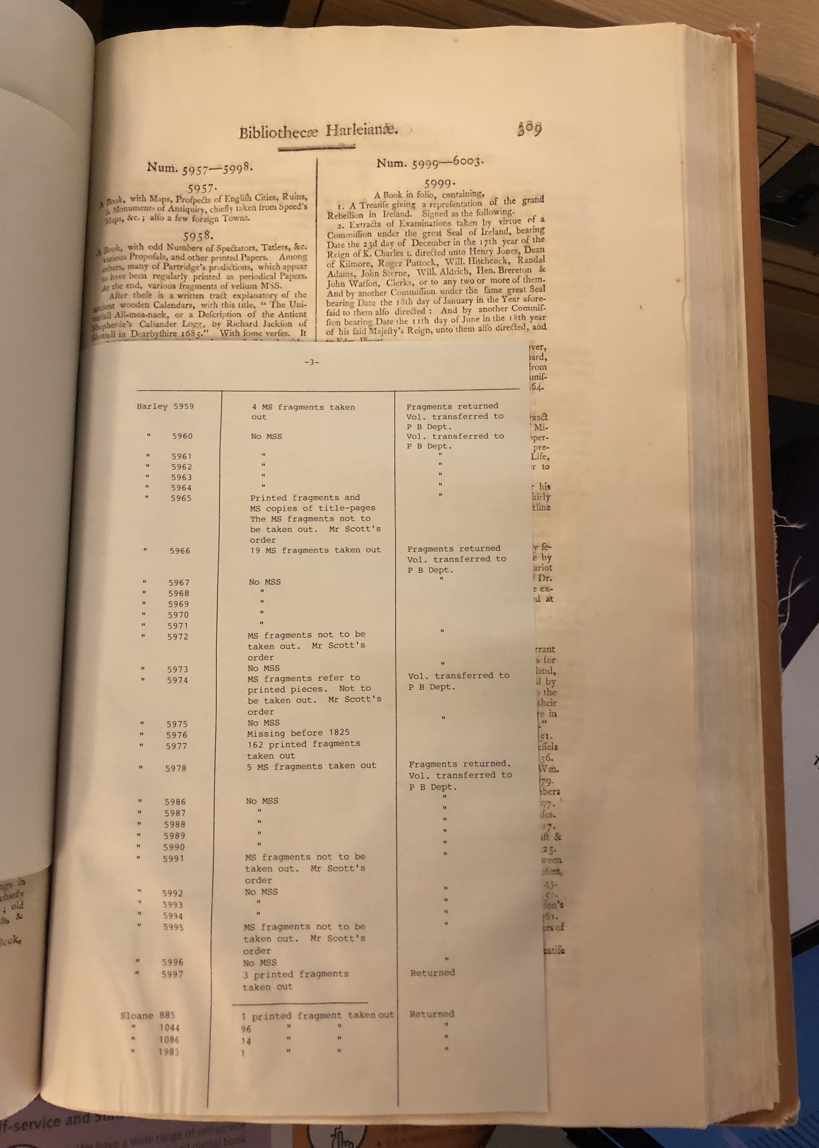Photograph of a page inserted in the reading room copy of the catalogue of Harley manuscripts (1808), listing fragments removed