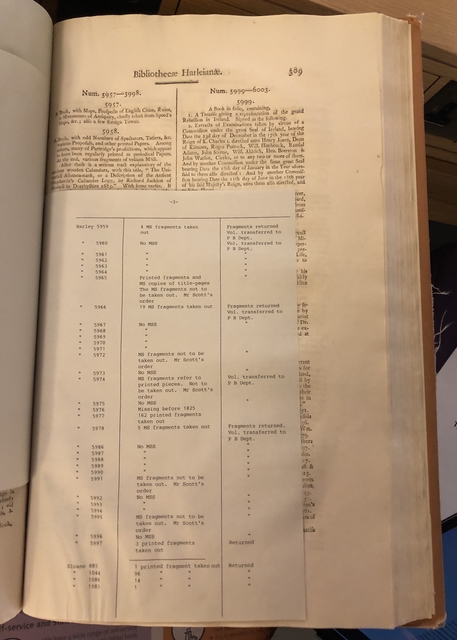 Photograph of a page inserted in the reading room copy of the catalogue of Harley manuscripts (1808), listing fragments removed