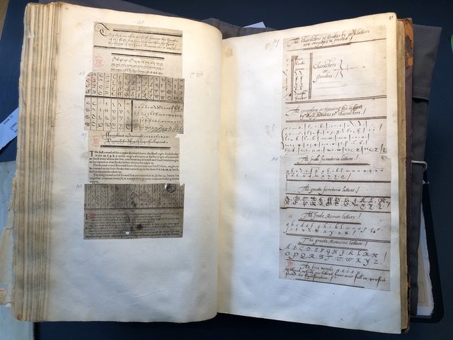 Photograph of handwriting specimens pasted into an album assembled by John Bagford