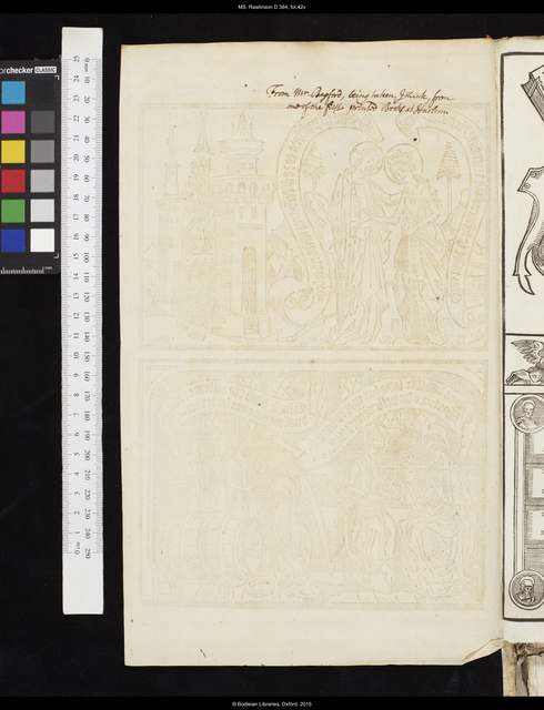 Photograph of a note by Thomas Hearne on Bagford's facsimile blockbook page