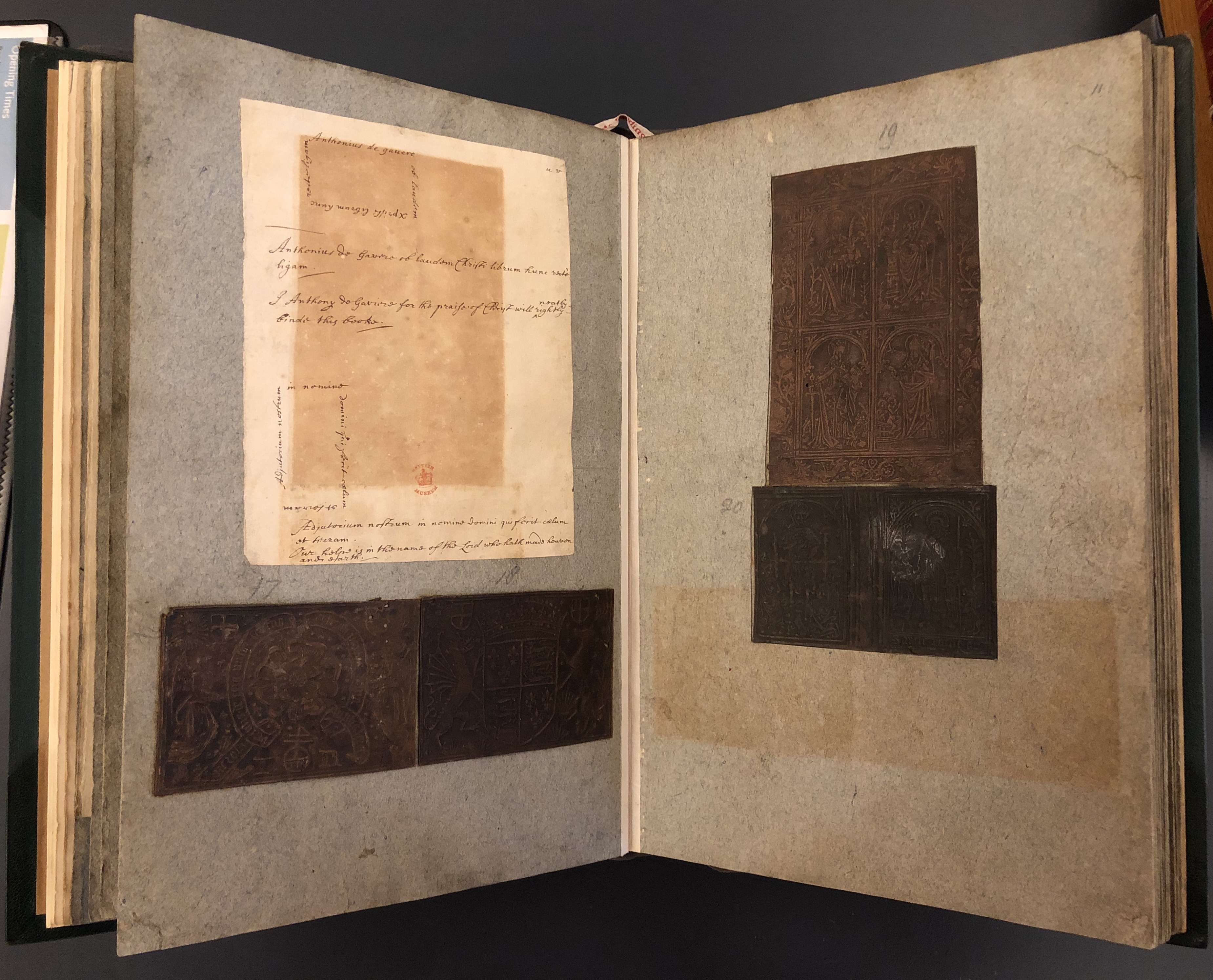 Photograph of binding specimens pasted in an album assembled by John Bagford