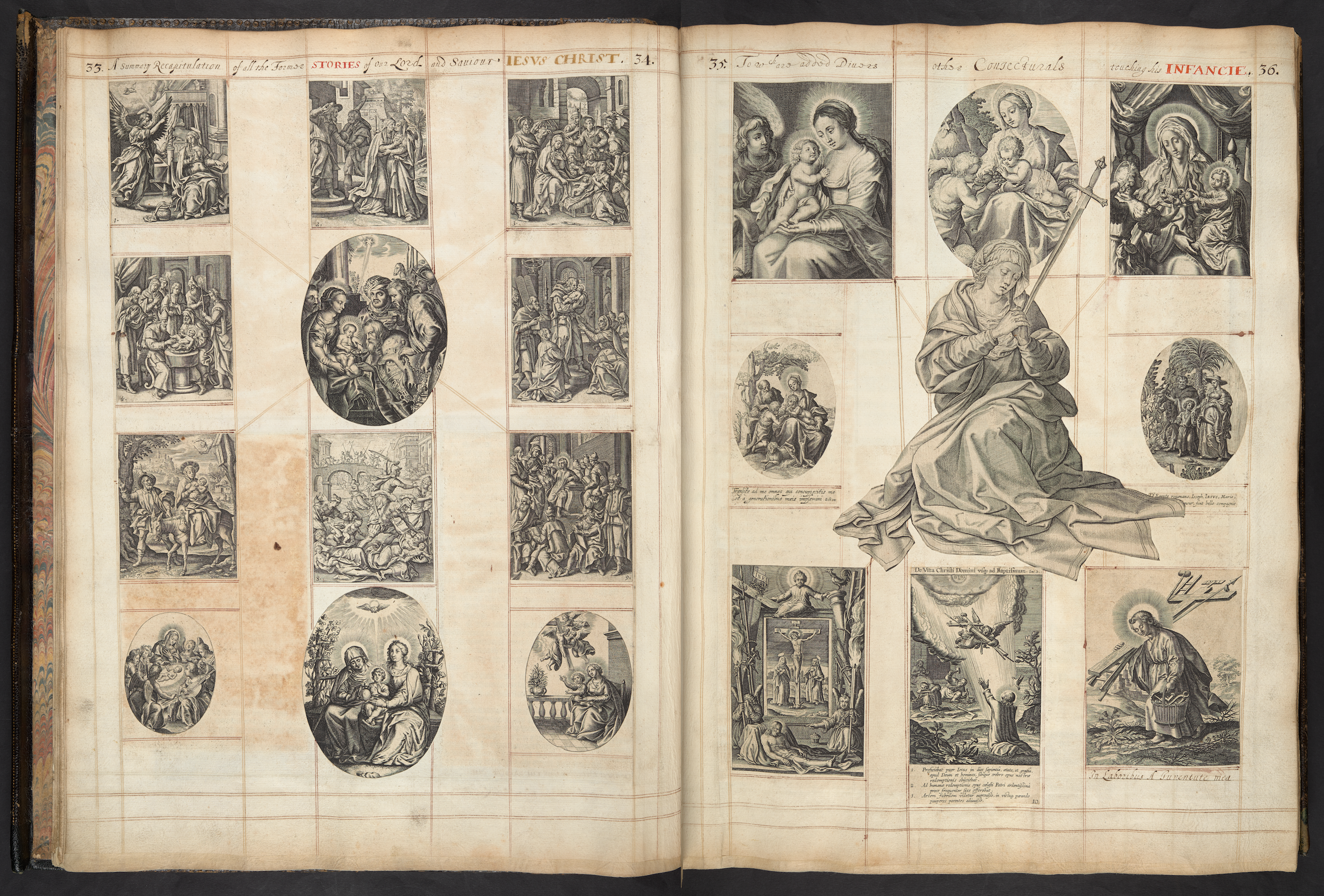 Photograph of a page opening in the King's Harmony pasted with engravings showing scenes from Christ's early life and a mater dolorosa image.