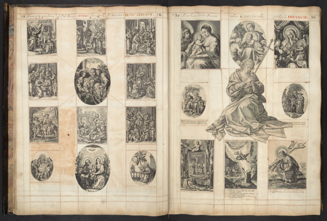 Photograph of a page opening in the King's Harmony pasted with engravings showing scenes from Christ's early life and a mater dolorosa image.