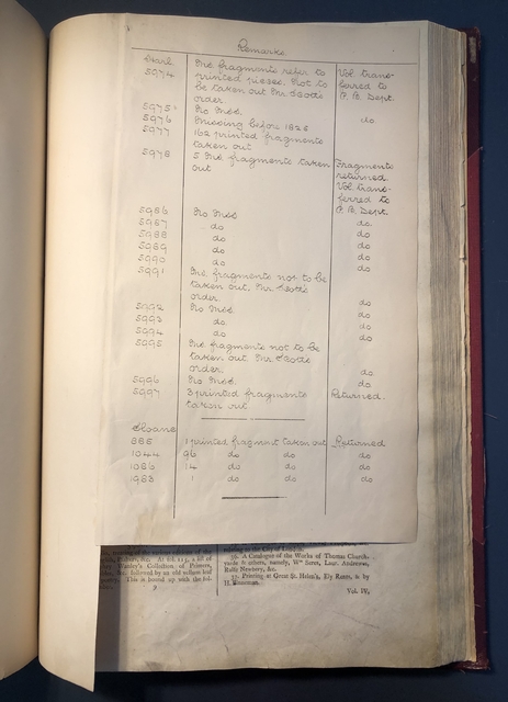 Photograph of a page inserted in the reading room copy of the catalogue of Harley manuscripts (1808), listing fragments removed