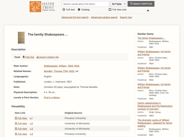 Metadata attached to *The Family Shakespeare* (1807) in HathiTrust.
