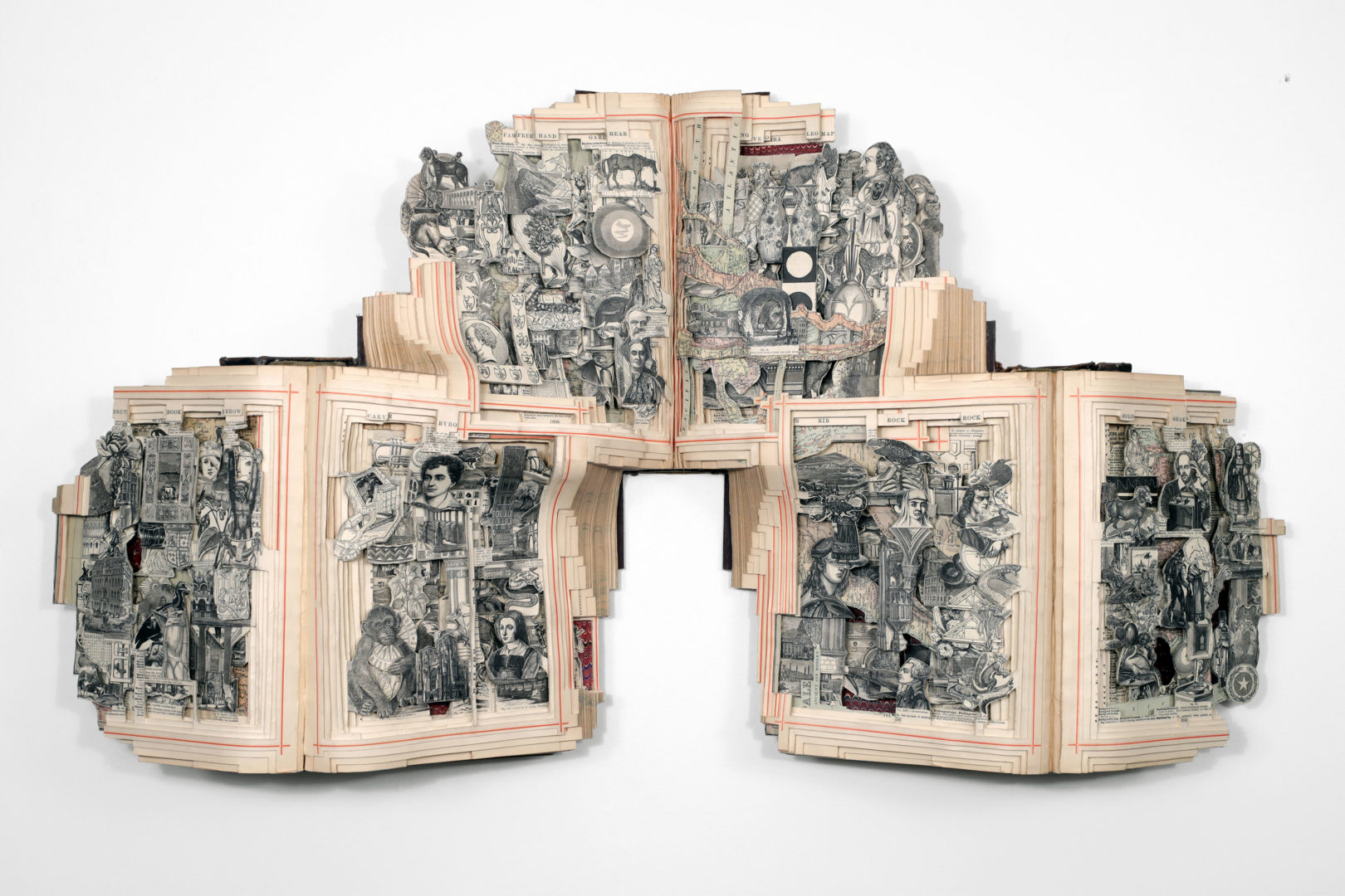 Photograph of a set of books that have been cut by an artist to reveal patterns and images inside.