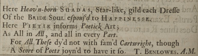 Stanza from T. Benlowes’s commendatory poem, comparing Benlowes to “fam’d Cartwright”