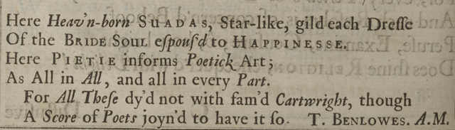 Stanza from T. Benlowes’s commendatory poem, comparing Benlowes to “fam’d Cartwright”