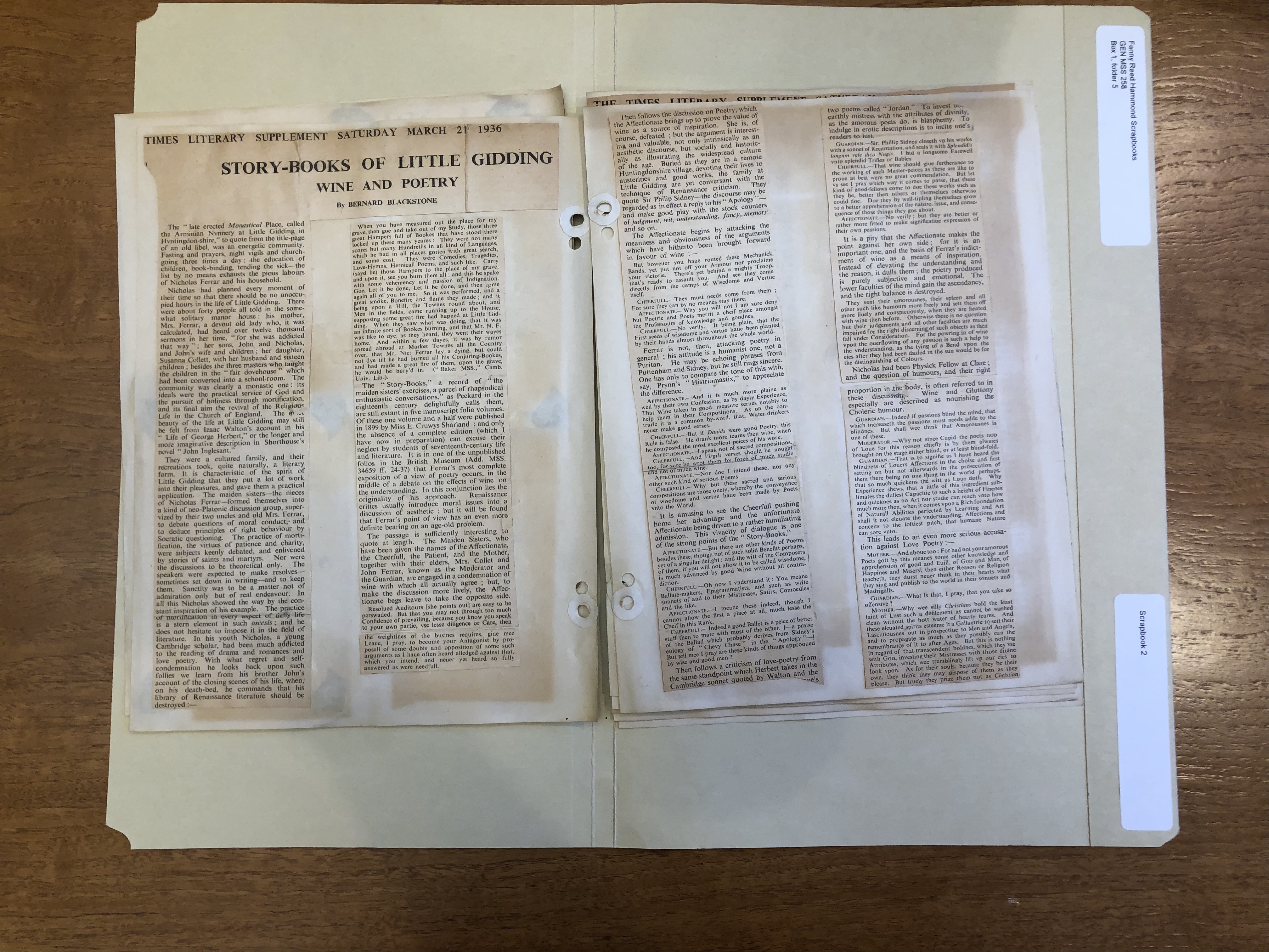 Photograph of an article by Bernard Blackstone in Fanny Reed Hammond's scrapbooks