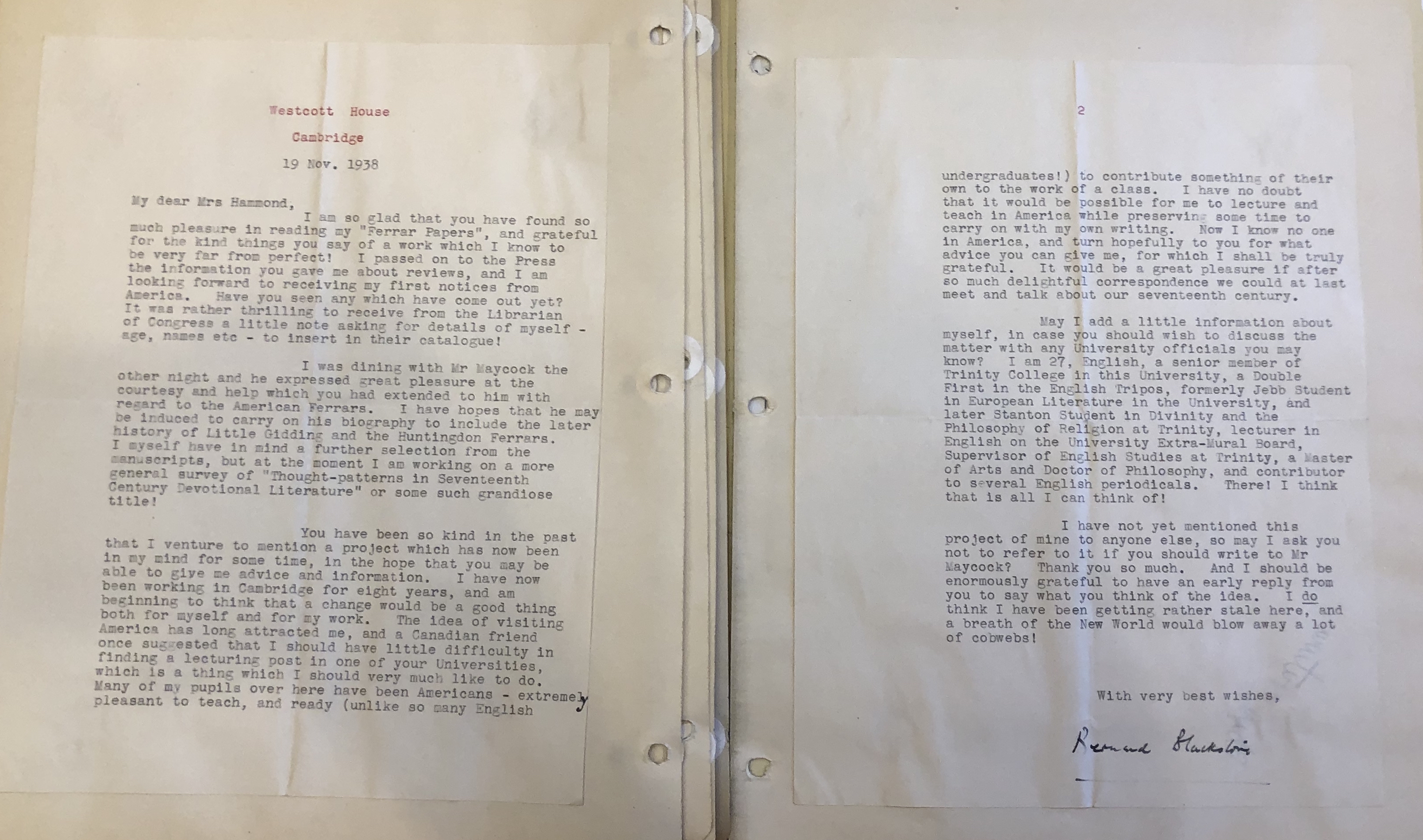 Photograph of a letter from Bernard Blackstone to Fanny Reed Hammond