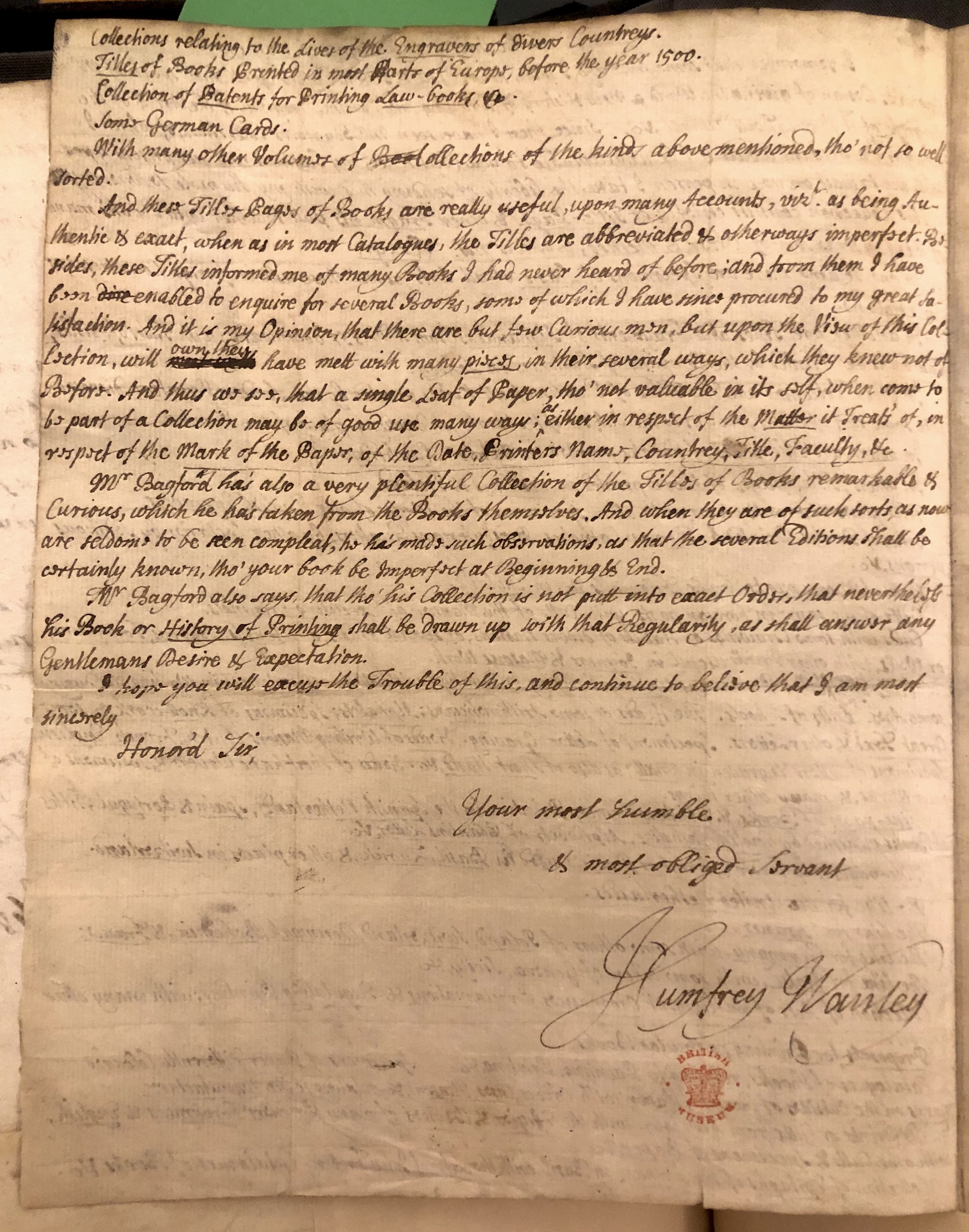 Photograph of a letter written by Humphrey Wanley to Hans Sloane about Bagford's collections