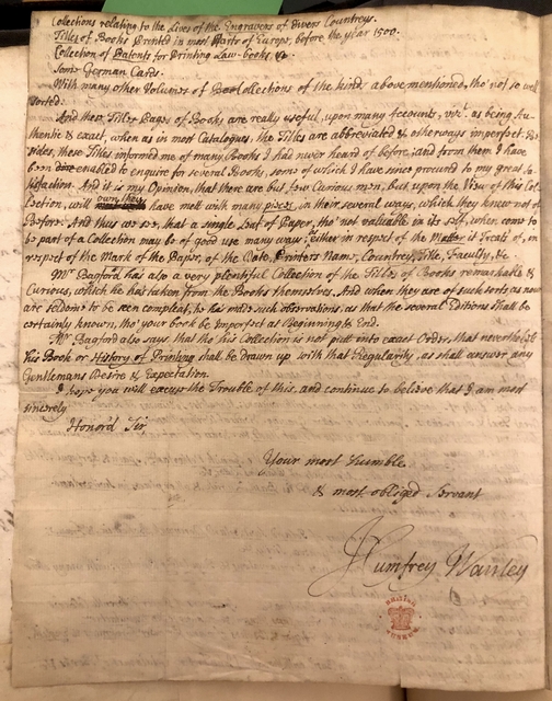 Photograph of a letter written by Humphrey Wanley to Hans Sloane about Bagford's collections