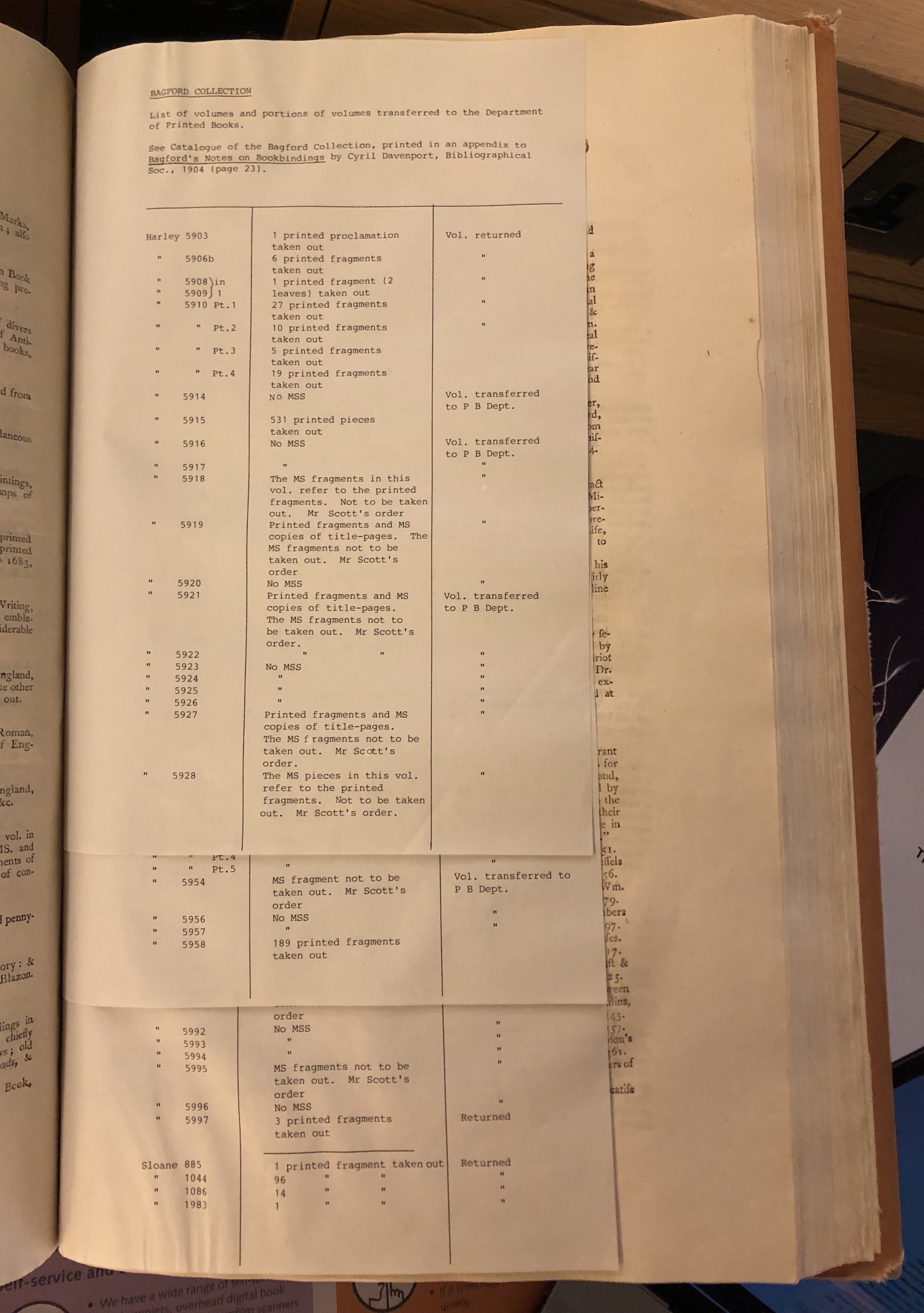 Photograph of a page inserted in the reading room copy of the catalogue of Harley manuscripts (1808), listing fragments removed